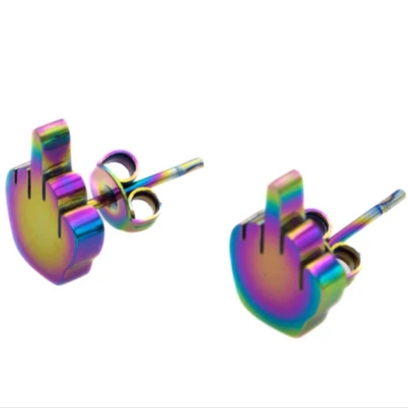Metallic AB Rainbow Middle Finger Mini Hand Earrings Humor Statement Studs Punk - Picture 1 of 10